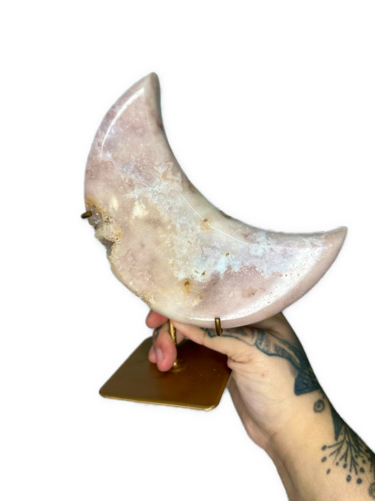 Pink Amethyst Moon Carving on Stand